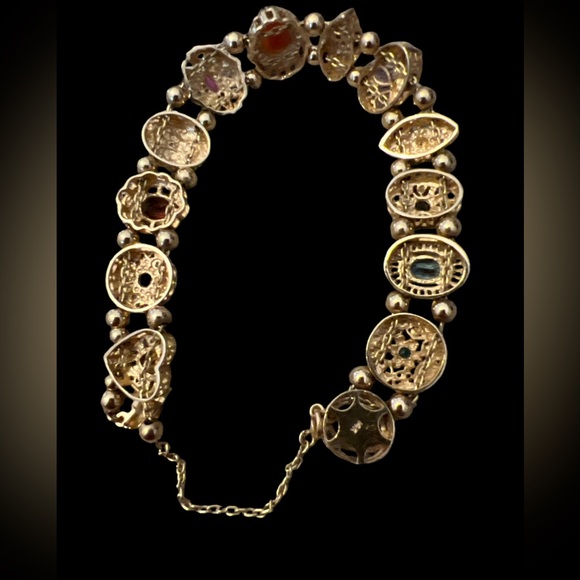 VINTAGE 14K YELLOW GOLD SLIDE BRACELET, GEMSTONES, GOLD BALL AND CHAIN SPACERS - Picture 11 of 17